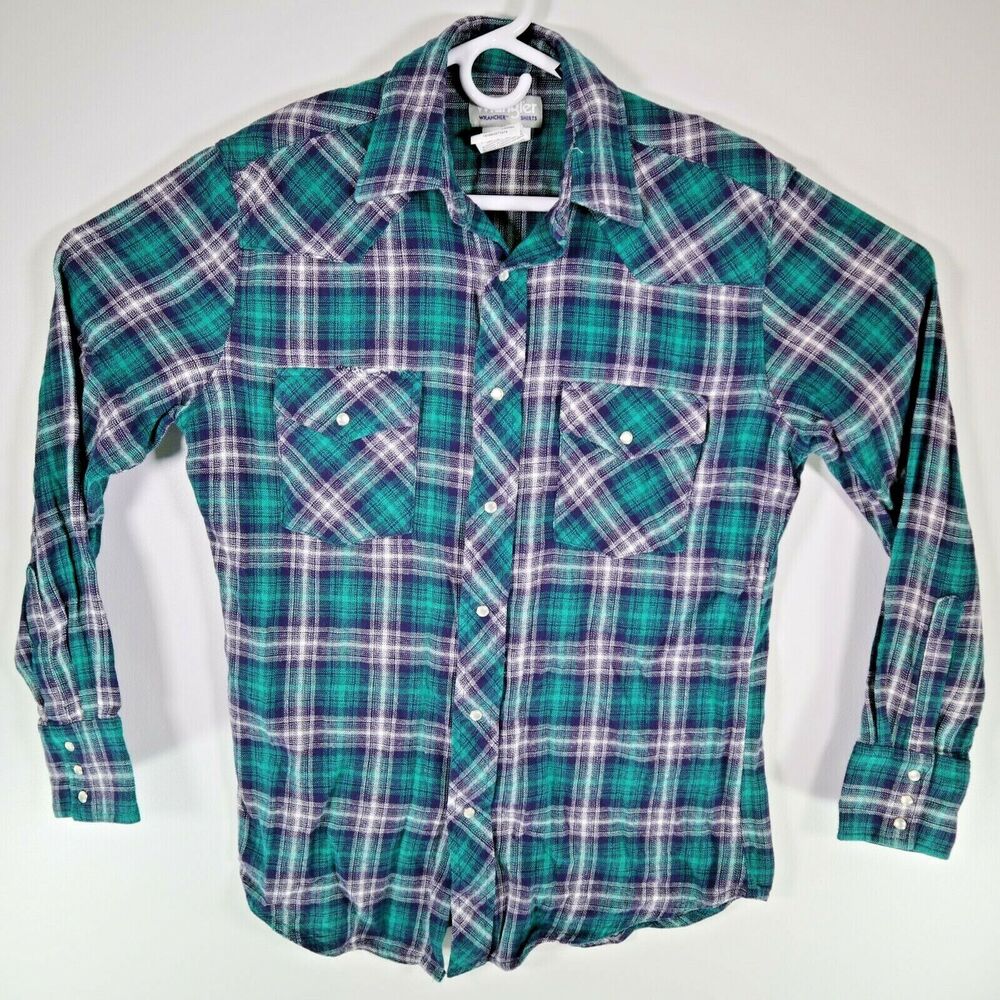 Wrangler Wrancher Men’s Long Sleeve Plaid Flannel Shirt Pearl Snap Medium